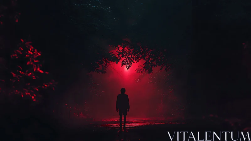 Silhouette figure stands on wet forest path under red light