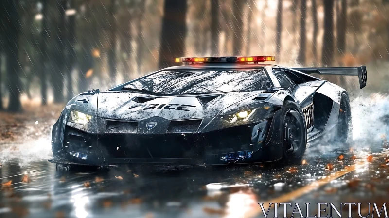 Rain-slashed forest pursuit with a feral supercar cruiser.