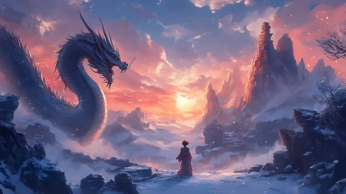 Epic digital painting of dragon and lone wanderer at sunrise.