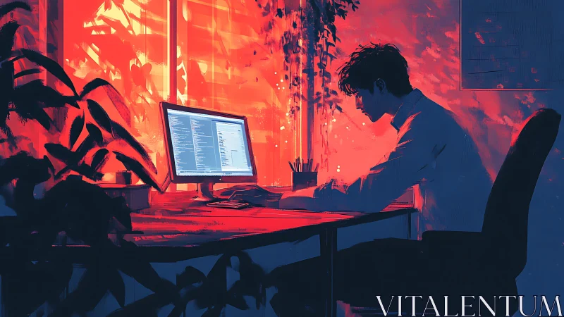 Late-night coder bathed in glowing sunset neon hues.