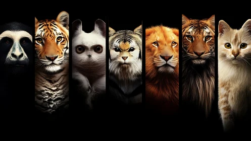 Seven wild felines arranged in vertical portrait panels against black