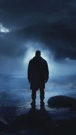 Backlit coastal silhouette under storm-luminous nocturnal sky.