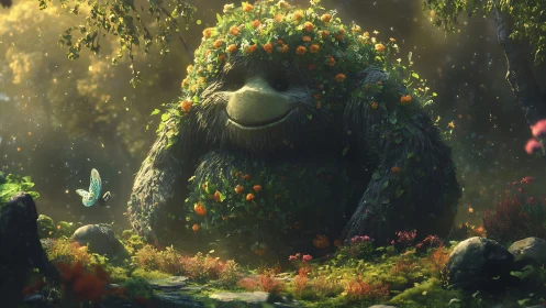 Forest gentle-giant trades sunlit secrets with a glassy moth