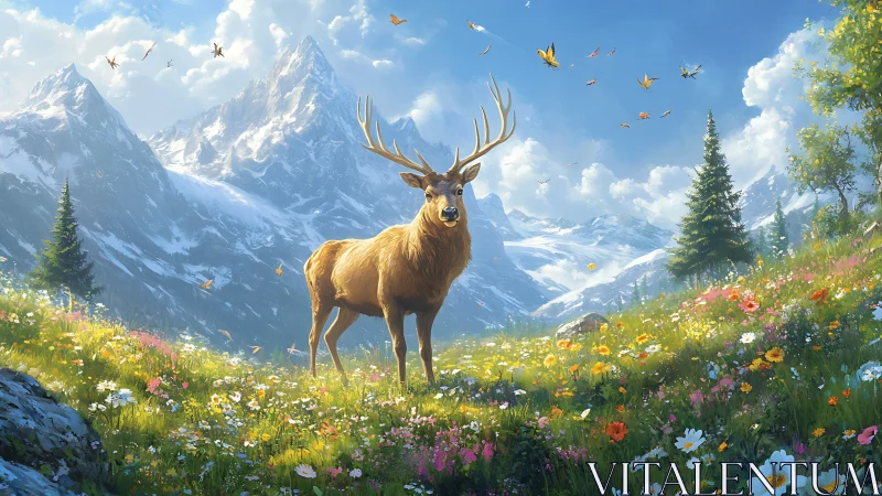 Majestic Elk in Vibrant Wildflower Meadow, Fantasy Landscape Art.