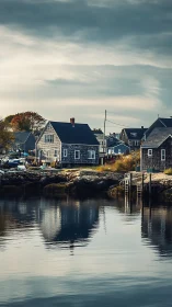 Harbor cottages reflect on calm autumn coastal inlet.