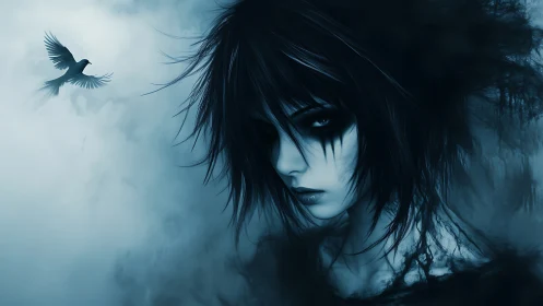 Melancholic blue-toned anime portrait with raven in mist