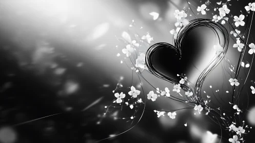 Heart Shape Rendered in Flowing Line Art with White Floral Accents