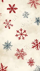 Vintage red and blue snowflake pattern on parchment ground.