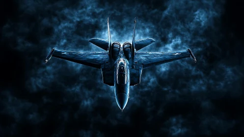 Supersonic tactical jet rendered in high-contrast blue luminance.