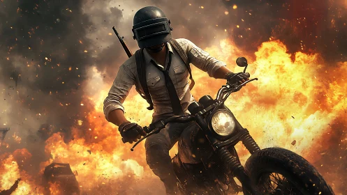 Helmeted rider on motorcycle escaping fireball explosion.