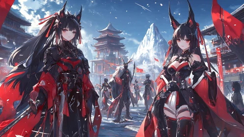 Fox-eared warrior twins in red armor in snowy citadel.