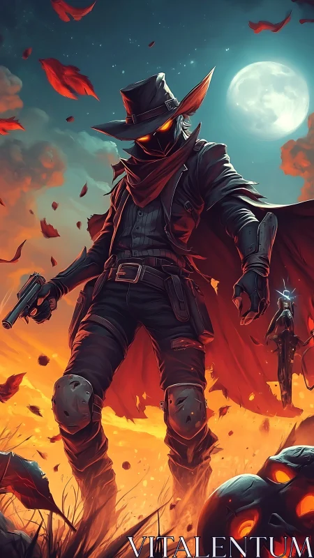 Dark gunslinger in fiery night landscape with moonlight.