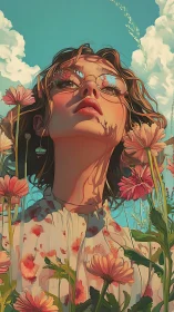 Woman in floral dress gazes upward through soft summer light