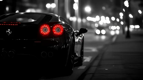 Noir city supercar with glowing taillights at night.