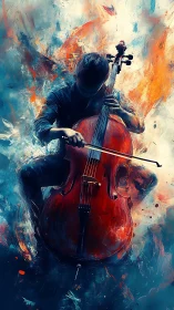 Passionate cellist immersed in swirling fire and color.