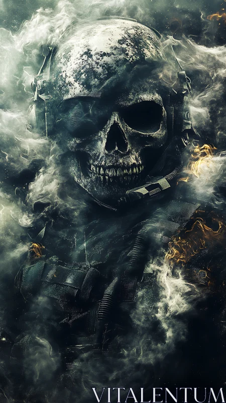 Tactical skull operative emerges through burning combat smoke.