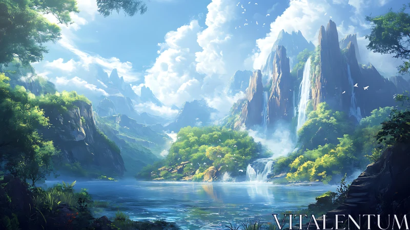 Mountain lake landscape with waterfalls and bright clouds.