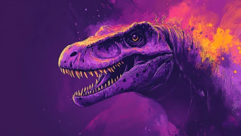 Neon-lit dinosaur head rendered in high-contrast duotone gradients