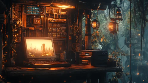 Rustic tech workstation in lantern lit forest cabin.