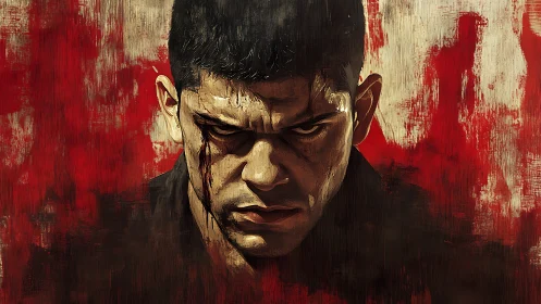 Intense male portrait with bloodstained textured red backdrop