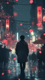 Silhouetted figure walks through rainy neon city street at night