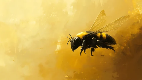 Honey bee side view on abstract golden background.