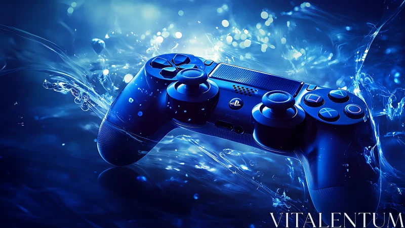 Blue PlayStation controller in dynamic splash scene.