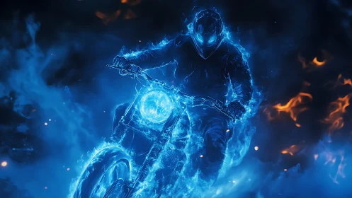 Fiery blue rider blazing through swirling night flames.
