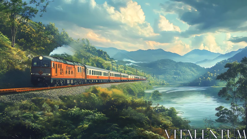 Orange passenger train crossing lush riverside valley.