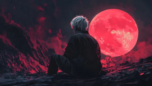 Solitary figure under hyper-saturated crimson lunar horizon