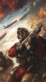 Battle-hardened assault unit under missile storm in fiery skies.