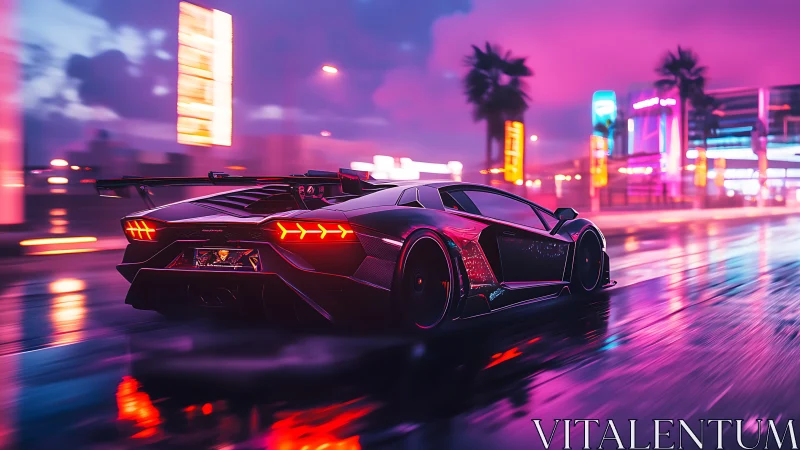 Sleek sports car gliding through neon soaked city streets.