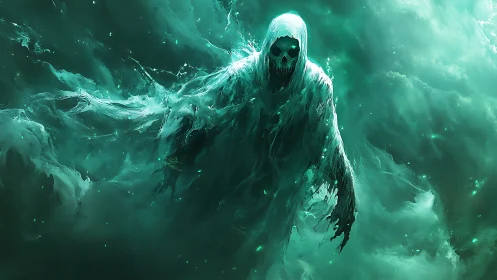 Spectral wraith emerges from turbulent teal nebula with decayed skull