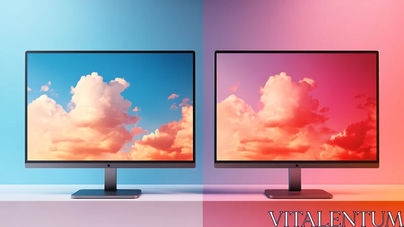 Dual monitors with gradient cloud displays in split lighting.