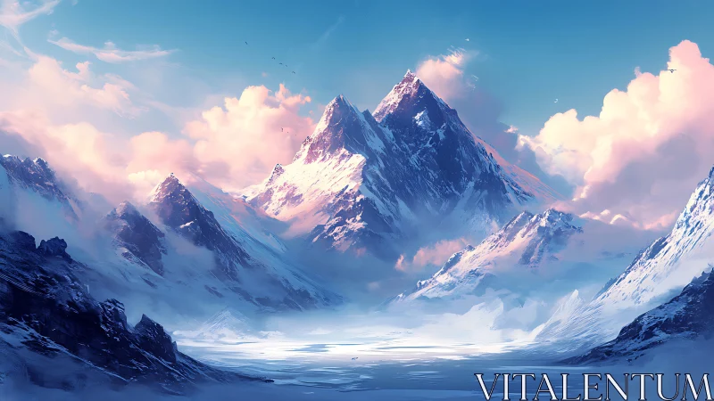 Blush-touched alpine peaks under dream-bright winter skies.