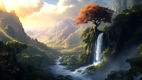 Solitary red tree crowns cliff above bright cascading waterfall