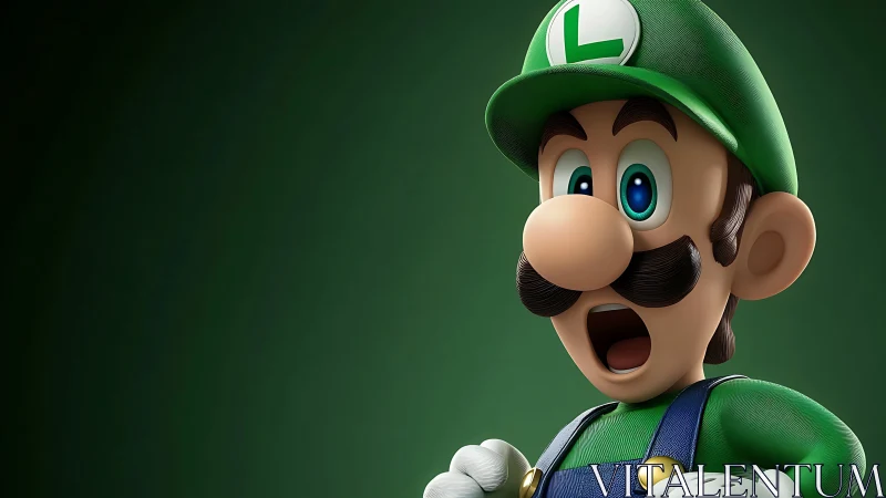 High-gloss 3D render of shocked green-clad game mascot.