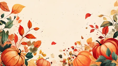 Autumn pumpkins framed by watercolor foliage border.