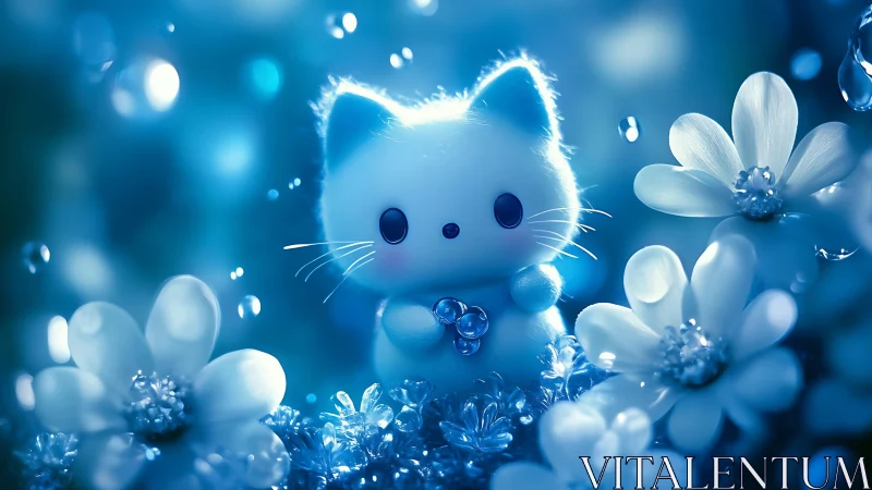 Luminescent Cat Face with Surrounding Flowers in Blue Environment