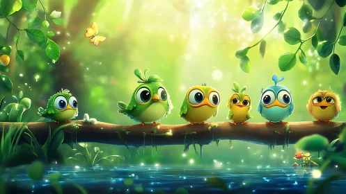 Cute Cartoon Birds on a Branch in Magical Forest Setting.