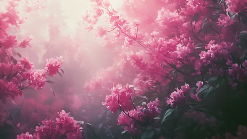 Pink Peonies in Luminous Mist Garden.