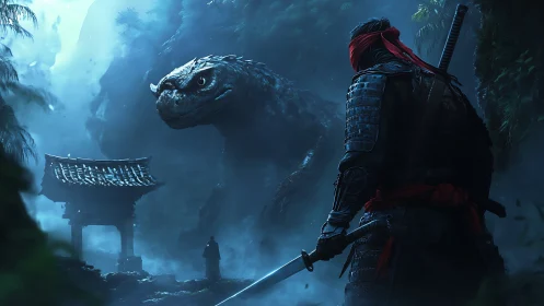 Silent samurai meets misty mountain guardian lizard.