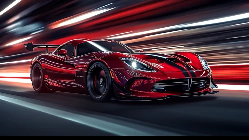 Aerodynamic crimson hypercar in high-velocity motion blur tunnel.