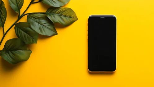 Smartphone with blank display positioned on yellow background with green foliage