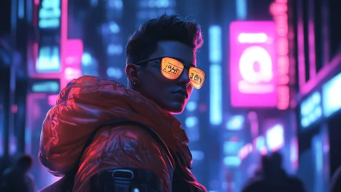 Young person in neon city street wearing reflective glasses