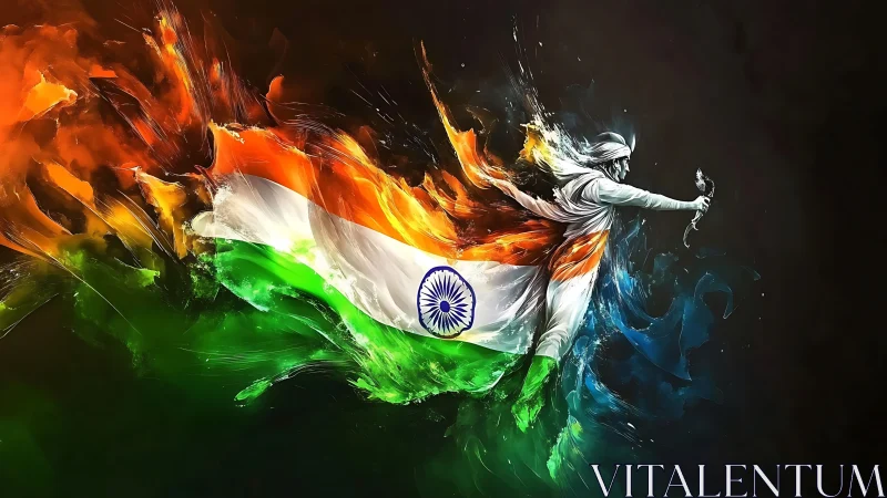 Dynamic Indian flag artwork with energetic warrior figure.