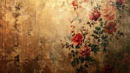 Timeworn golden plaster quietly cradles drifting roses