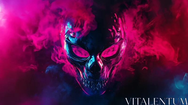 Glowing metallic skull silhouette emerges through neon smoke