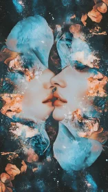 Mirrored cosmic kiss merges faces with abstract nebulae.