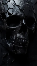 Black cracked skull rendered with glossy cinematic lighting.